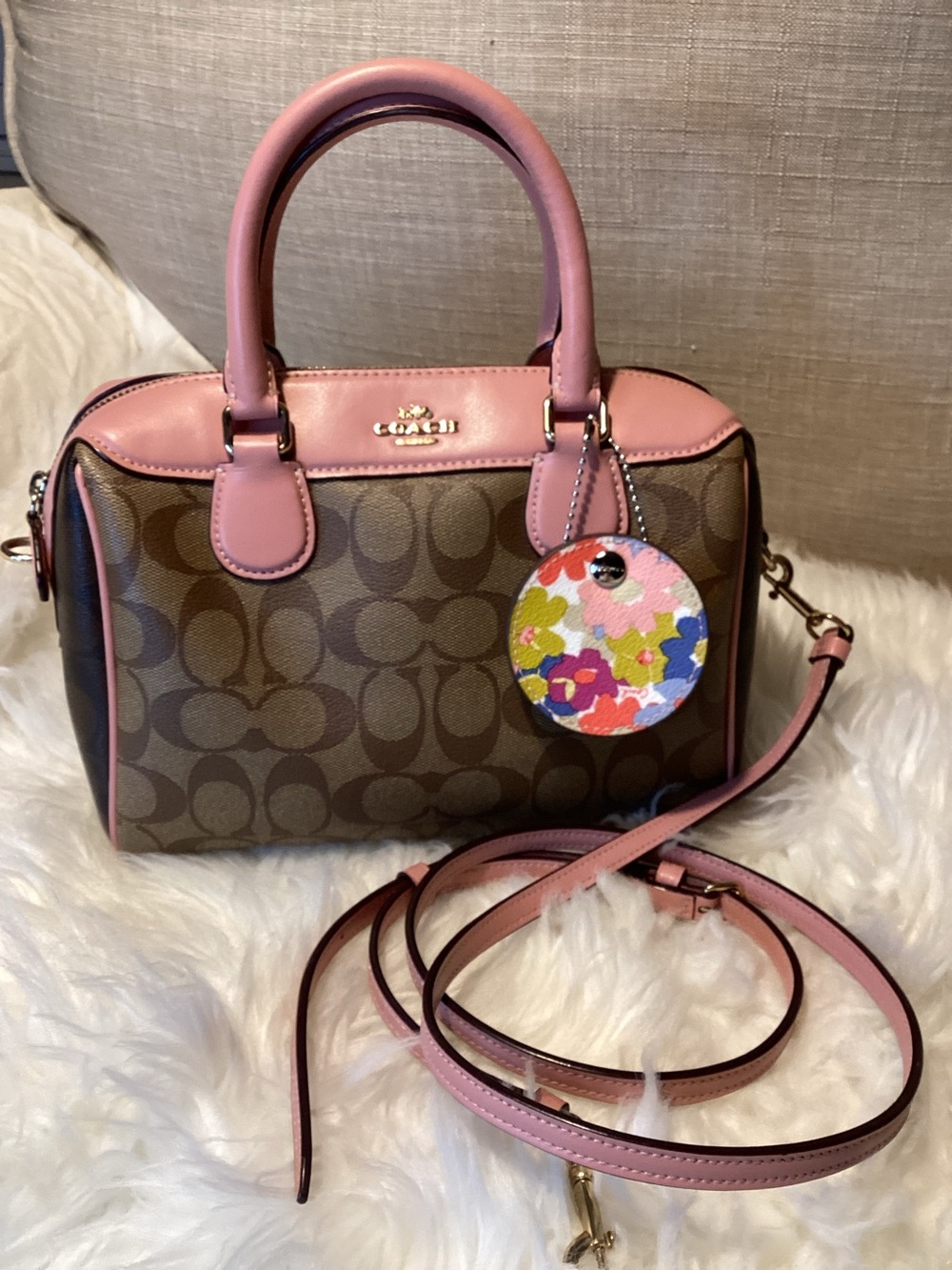 Coach Brown Signature Mini Bennet Satchel with Pink Leather Trim